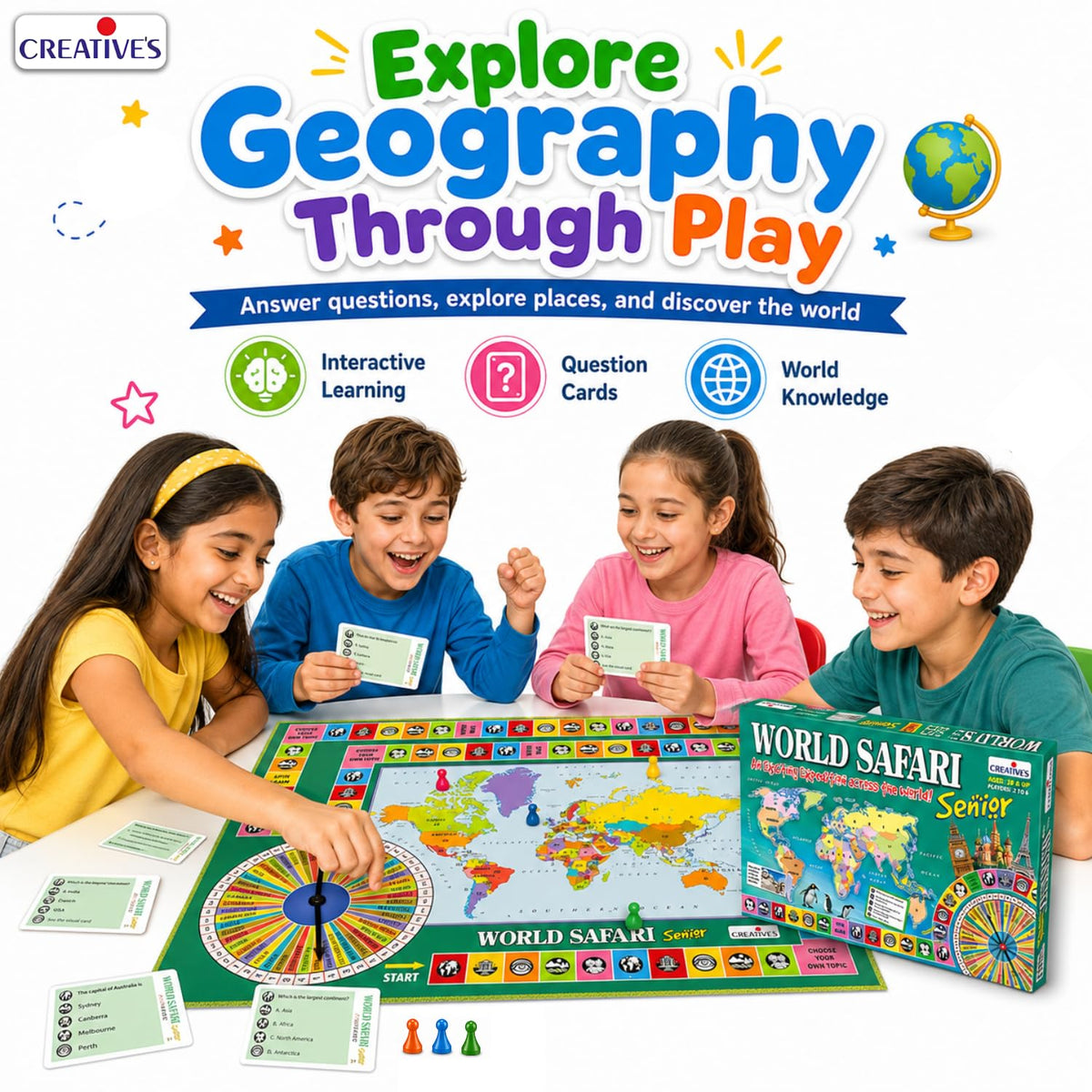 Creative's World Safari Senior| World Geography Learning Game for Kids & Adults| Educational Board Games with World Map, Learn about Countries, Capitals, Continents, GK Quiz, Ages 10+, 2-6 Players