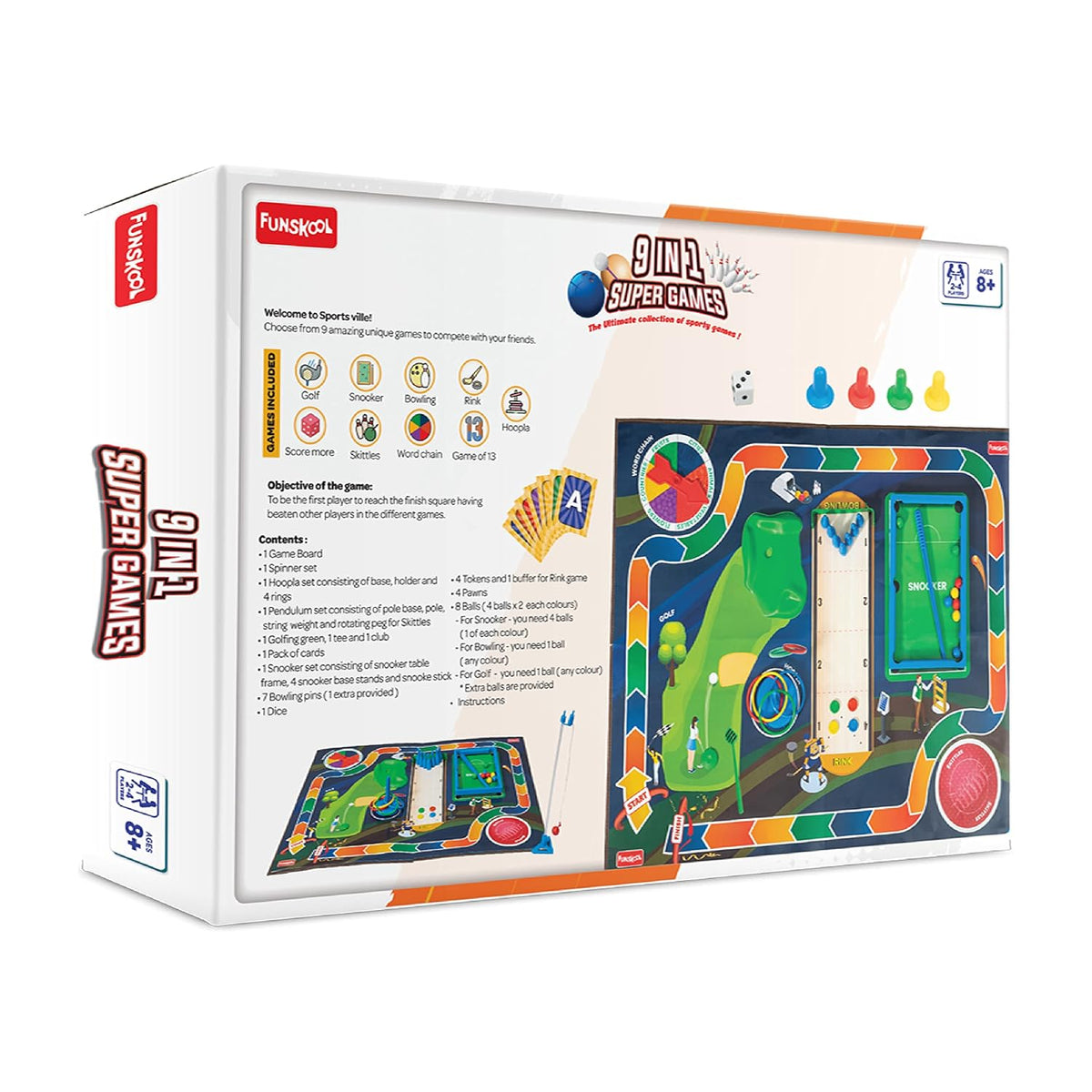 Funskool Super 9 in 1, Strategy Game, Board Game for kids, Adults, Families, Educational, Fun, 2 to 4 Players, Family Fun, Activity Toy for Childrens, Gift Set for Kid, Ages 6+ Years