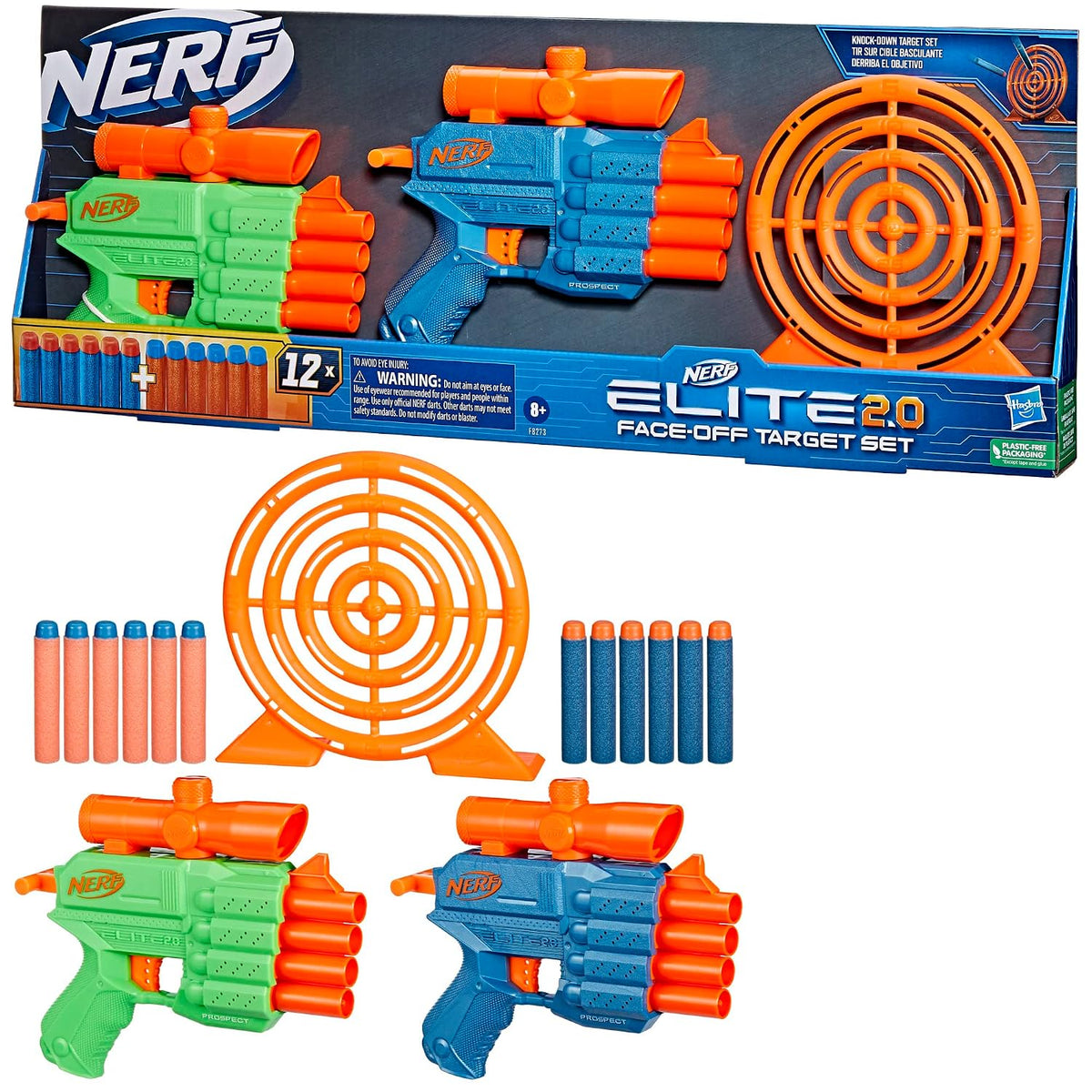 Nerf Elite 2.0 Face Off Target Set,Includes 2 Dart Blasters & Target & 12 Nerf Elite Darts,Toy Foam Blasters for Kids Outdoor Games,Multicolor