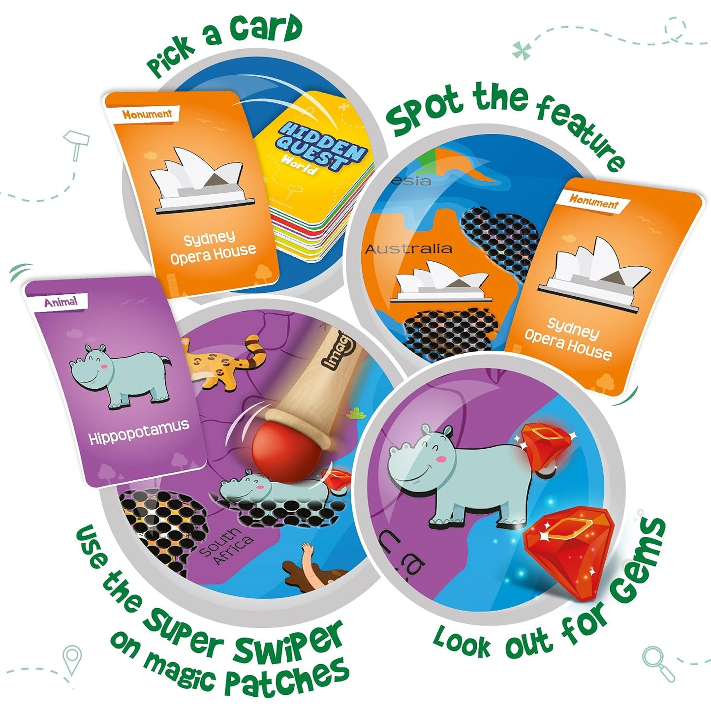 Imagimake Mapology Hidden Quest World Map | Educational Game Age 5+ | World map board game: 110 cards, 40+ swipe & reveal magic patches, super swiper, timer & gems; learn 130+ world features