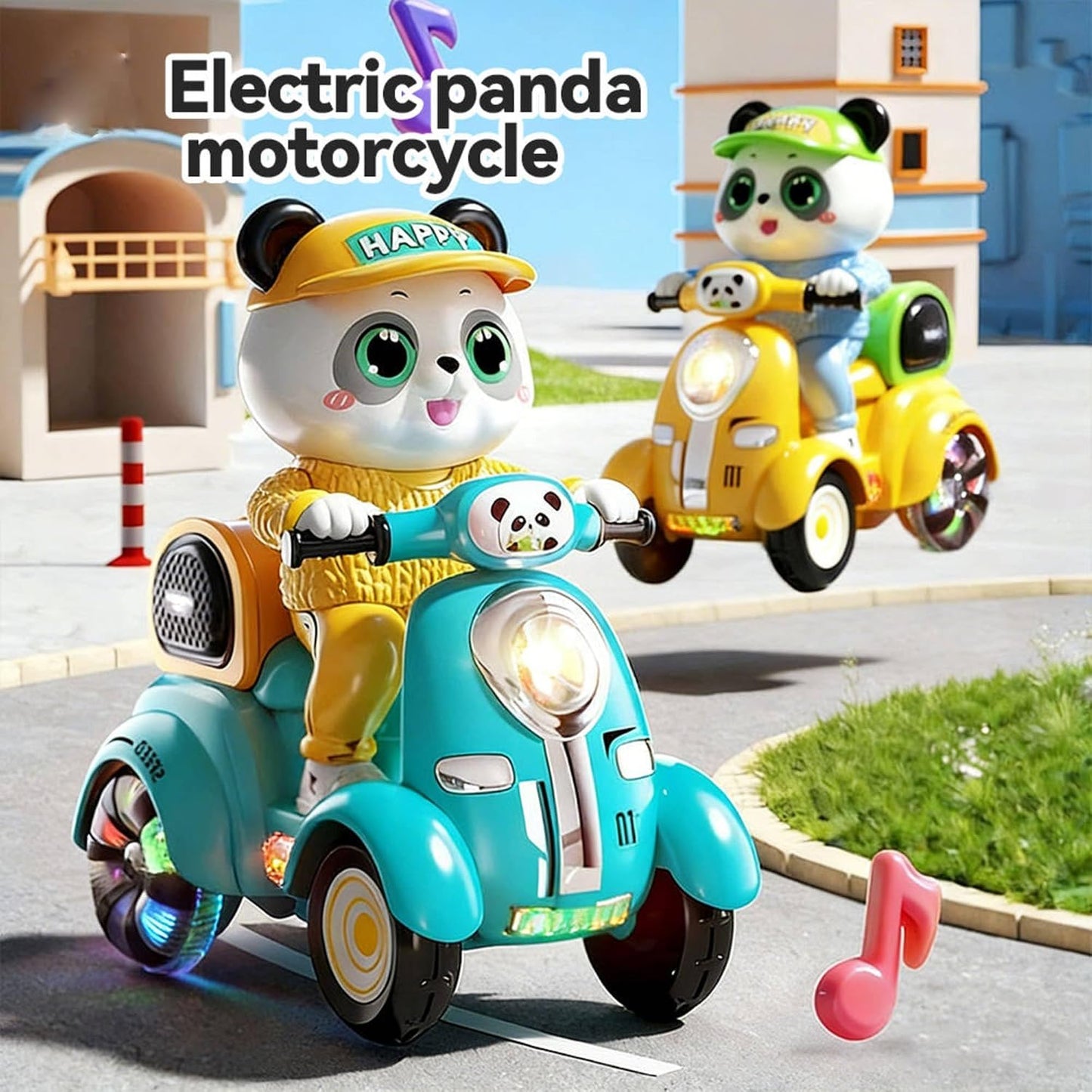 SHAKTISM Panda Musical Stunt Scooter Toy for Kids with Music, Flash Light & 360° Rotation | Battery Operated Musical Panda Scooter Toy with Universal Wheel Action | Fun Toy for Boys & Girls Age 3+