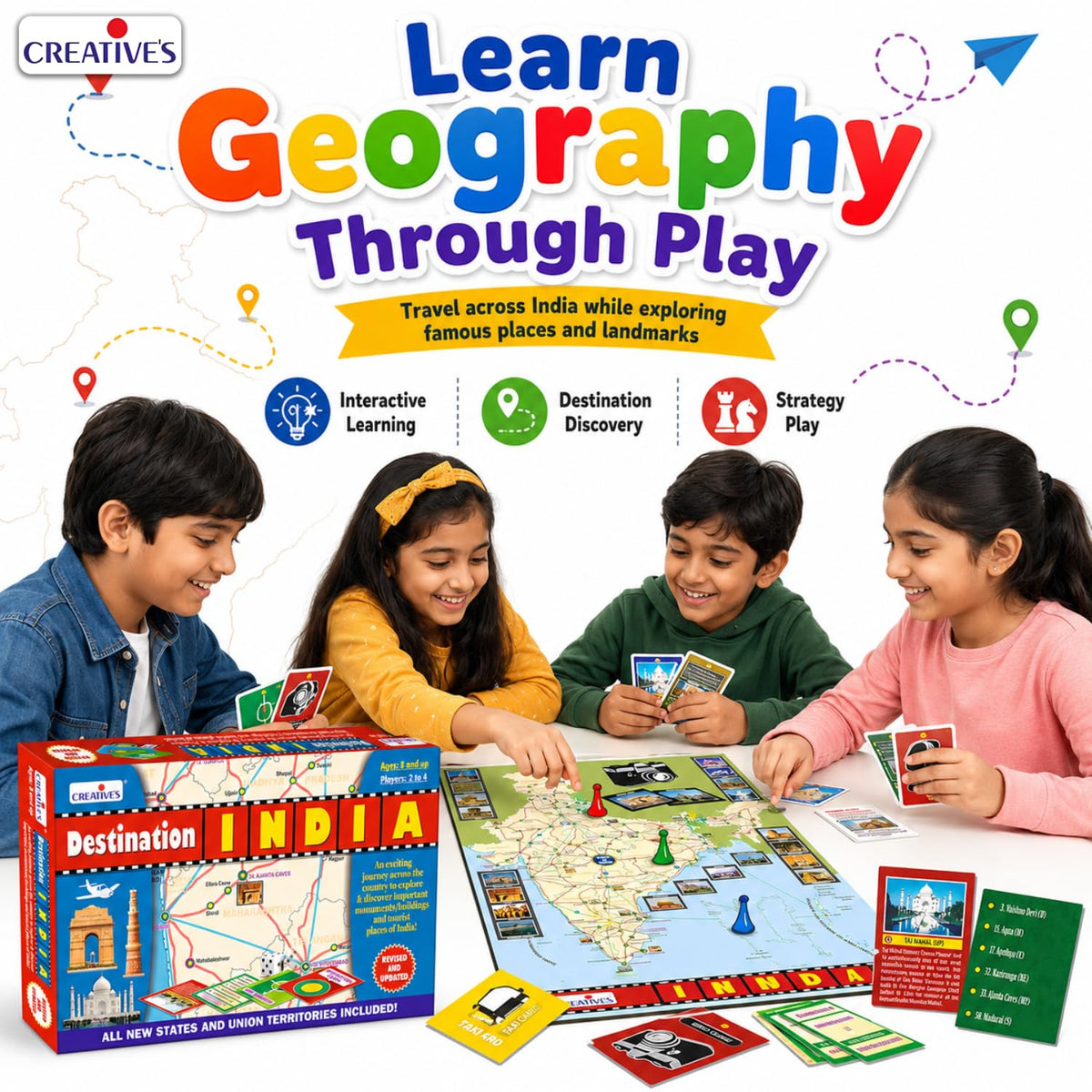 Creative's Destination India, Educational Board Games for Kids, India Geography, Monuments & Tourist Places Learning Game, Strategy Family Board Game with Destination Cards, 2-4 Players Ages 8+