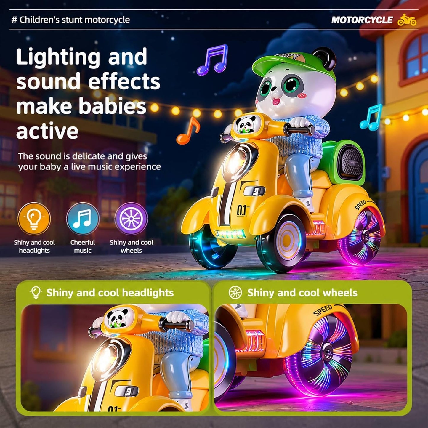 SHAKTISM Panda Musical Stunt Scooter Toy for Kids with Music, Flash Light & 360° Rotation | Battery Operated Musical Panda Scooter Toy with Universal Wheel Action | Fun Toy for Boys & Girls Age 3+