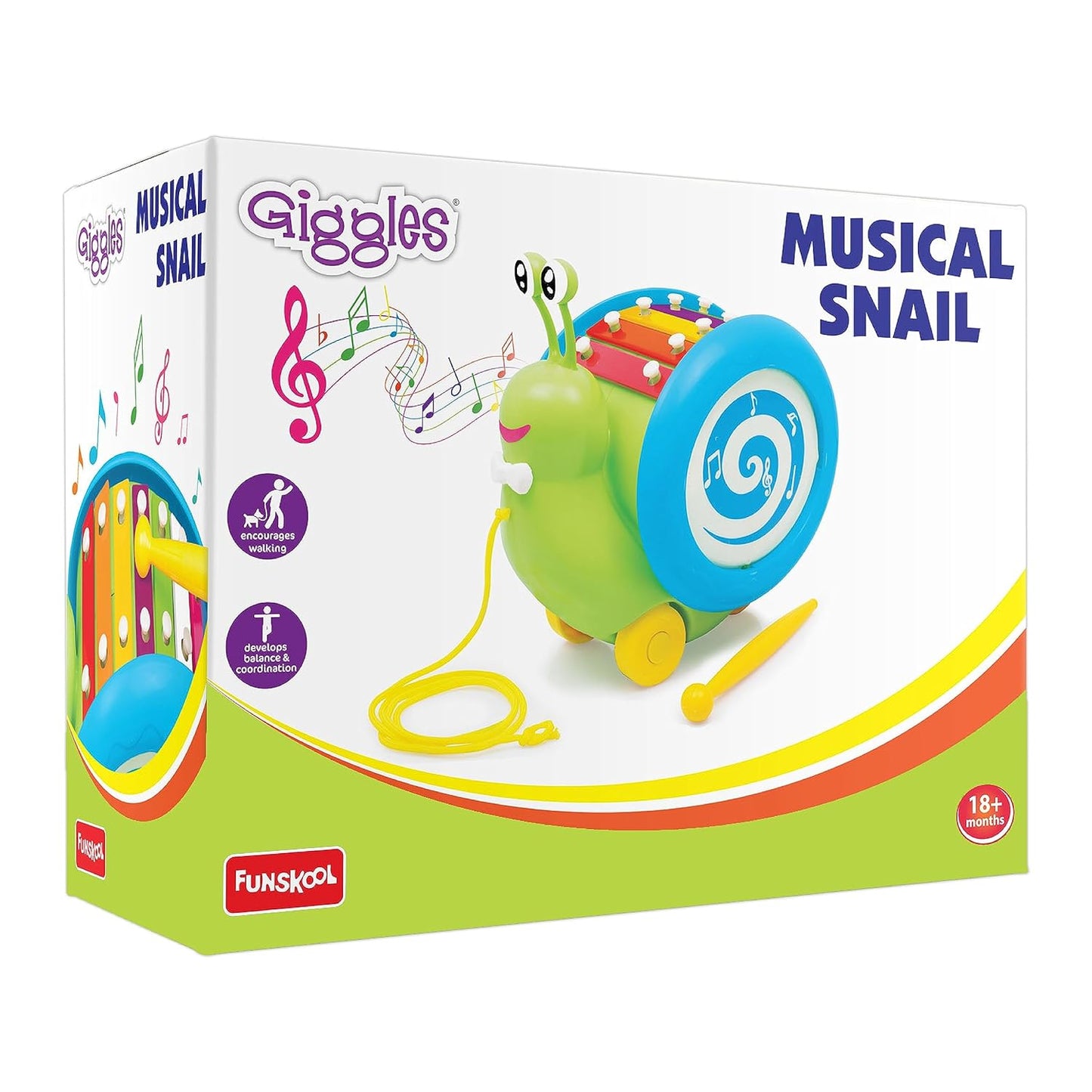 Giggles Funskool Pull Along Musical Snail, with Xylophone & Drum, Activity & Learning Toys for Babies, Toddlers, Encourage Walking, Improve Balance, Multicolour, Gift Set for Kids, Ages 12+ Months