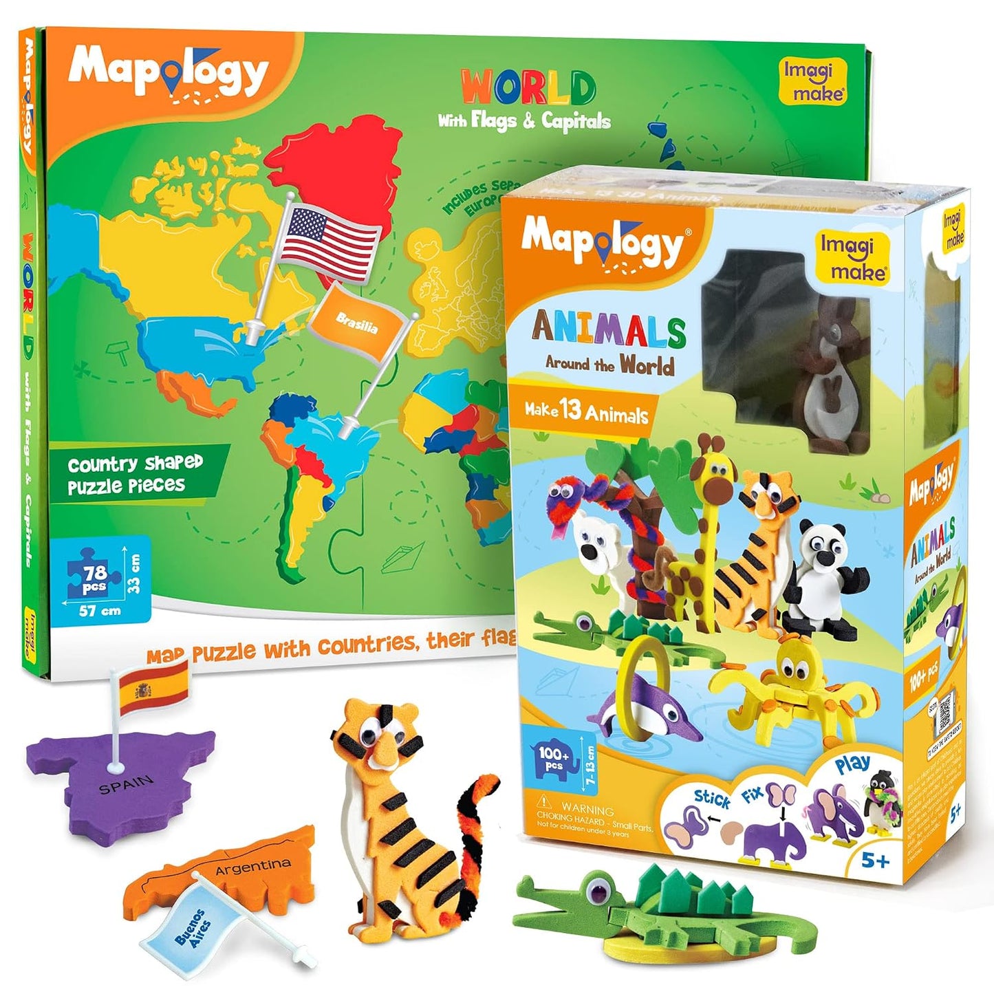 Imagimake Mapology - Learn World Map Puzzle with Flags & Capitals, Make Miniature Models of Animals Around the World, Educational Toy - Puzzles for Kids for Age 5 Years+, Best Gift for Boys & Girls