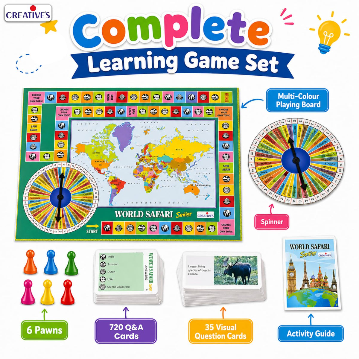 Creative's World Safari Senior| World Geography Learning Game for Kids & Adults| Educational Board Games with World Map, Learn about Countries, Capitals, Continents, GK Quiz, Ages 10+, 2-6 Players