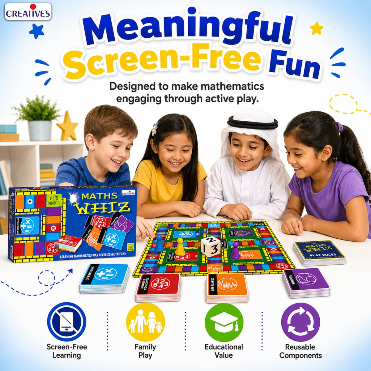 Creative's Maths Whiz Maths Board Game, 120 Q&A Cards, 4 Categories Number Concepts Operations Geometry Life Related Maths, 16 Home Cards 4 Pawns Dice, Educational Toys for Kids Ages 6+