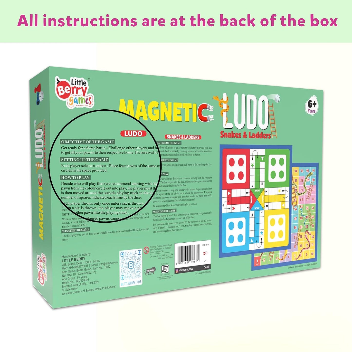 Ludo Game for Kids | 2-in-1 Magentic Snakes & Ladders and Ludo Board | 14”x14” Foldable Big Family Game for Kids & Adults | Travel-Friendly Dice Board Game