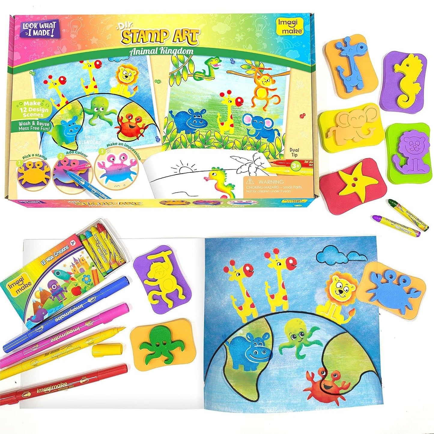 Imagimake Stamp Art Animal Kingdom | Coloring Kit | Kids Age 3+ | 12 reusable animal stamps, 4 dual-tip pens, 12 scenes & 4 templates; stamp, blend & create 16 projects; washable, mess-free