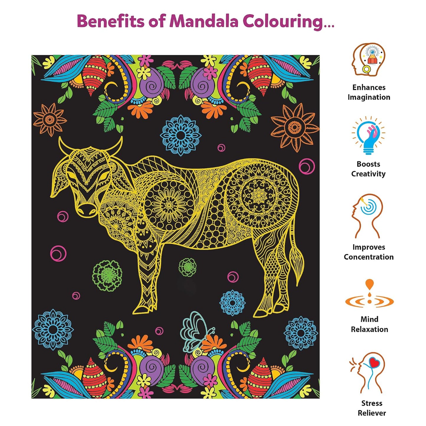 Little Berry DIY Neon Animals & Birds Mandala Art Kit for Girls 9-12 Years | Art & Craft Kit for Girls | Colouring and Painting Set for Kids with 12 Mandala Designs and Sketch Pens | Gift Set for Kids Age 9+