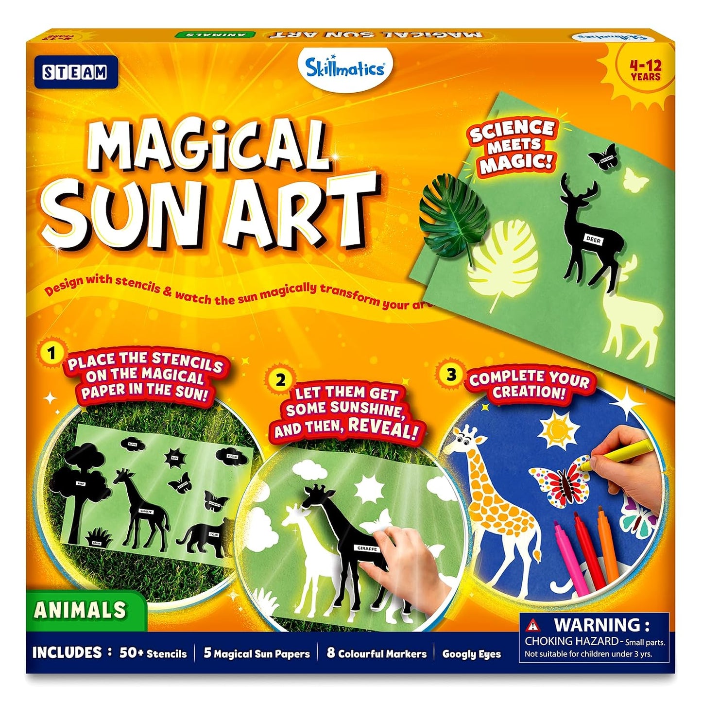 Skillmatics Magical Sun Art Kit – STEM Paper Craft Kit for Kids | Design with Stencils, Create with Sunlight, Colour with Markers, Indoor, Outdoor Play, Gifts for Ages 4-12