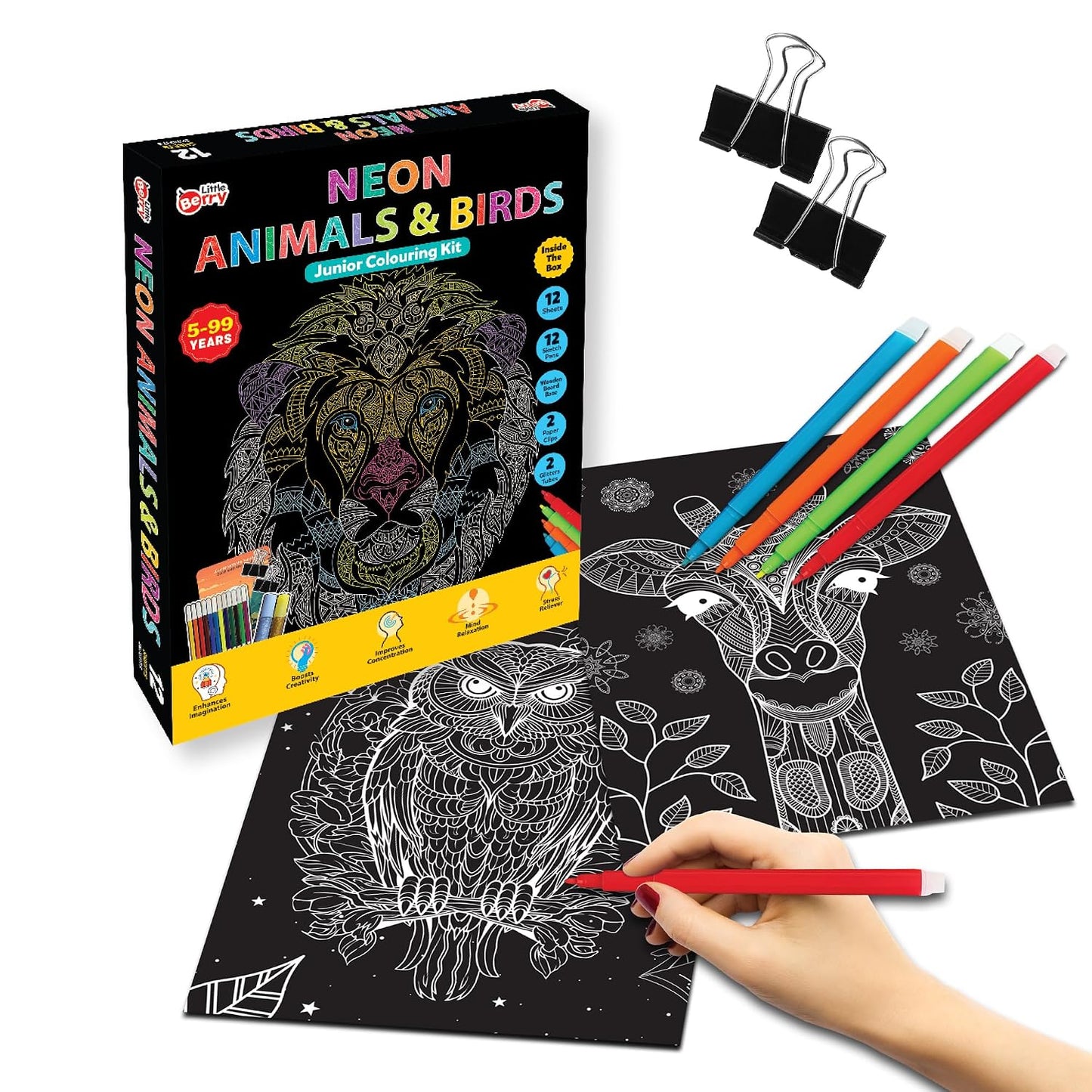 Little Berry DIY Neon Animals & Birds Mandala Art Kit for Girls 9-12 Years | Art & Craft Kit for Girls | Colouring and Painting Set for Kids with 12 Mandala Designs and Sketch Pens | Gift Set for Kids Age 9+