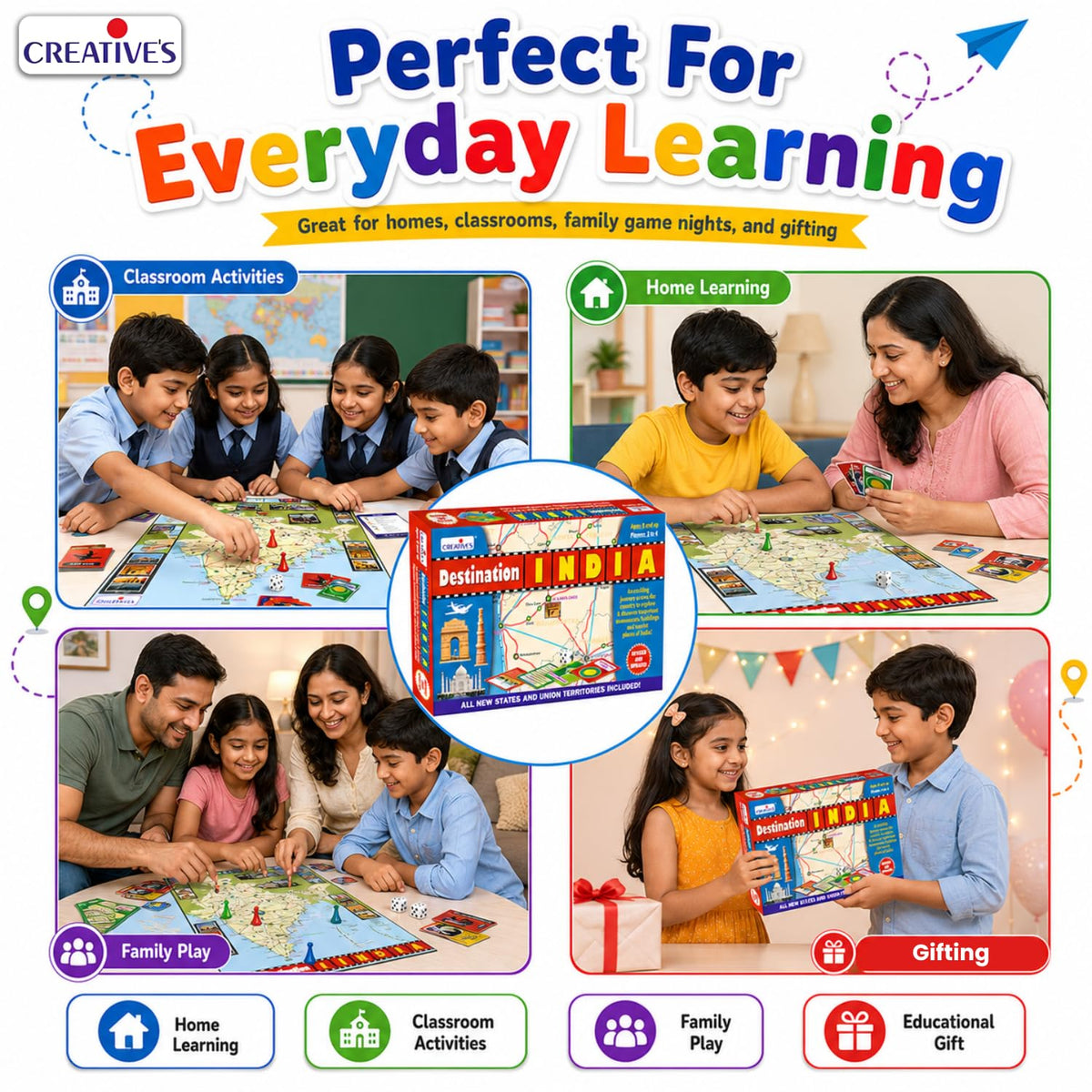 Creative's Destination India, Educational Board Games for Kids, India Geography, Monuments & Tourist Places Learning Game, Strategy Family Board Game with Destination Cards, 2-4 Players Ages 8+