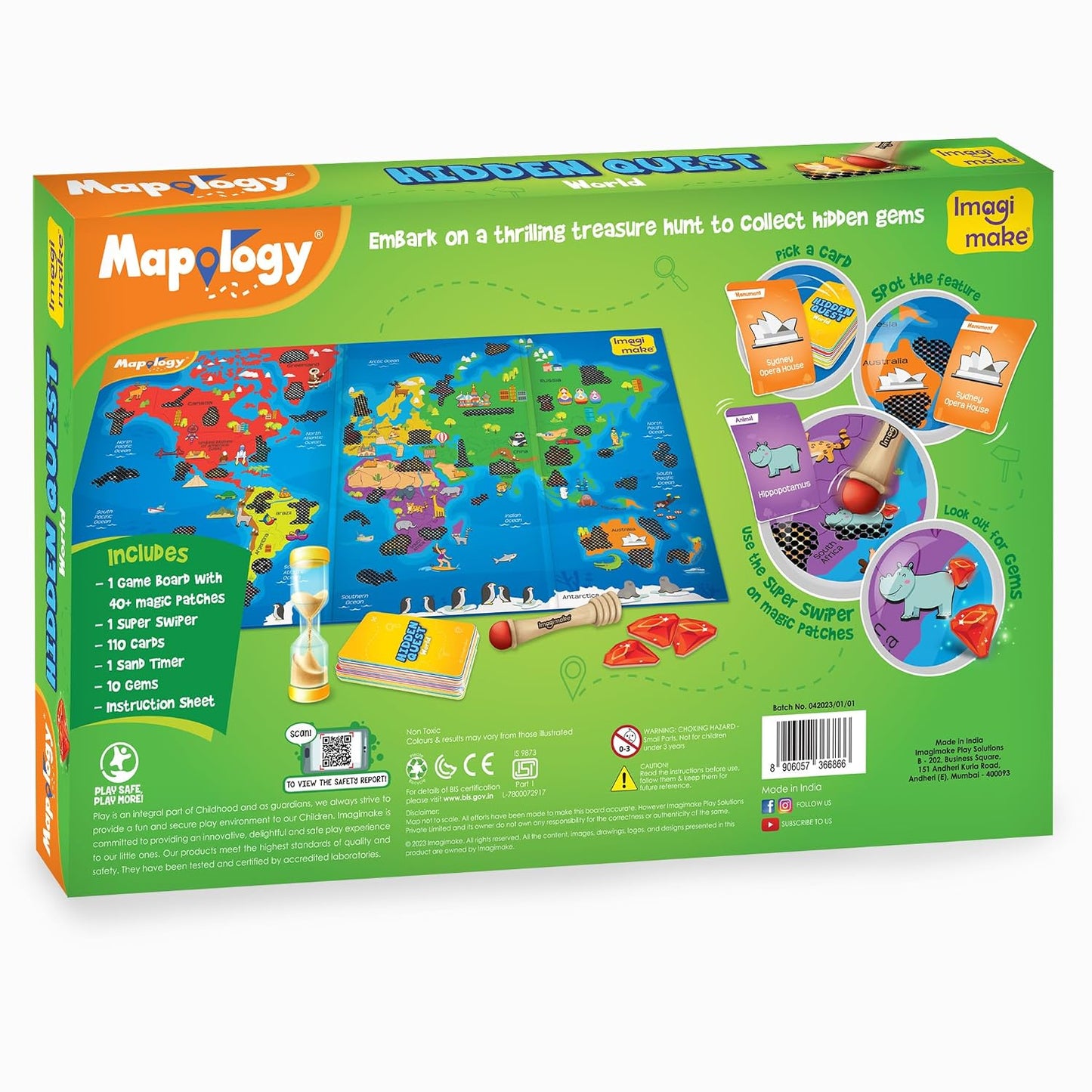 Imagimake Mapology Hidden Quest World Map | Educational Game Age 5+ | World map board game: 110 cards, 40+ swipe & reveal magic patches, super swiper, timer & gems; learn 130+ world features