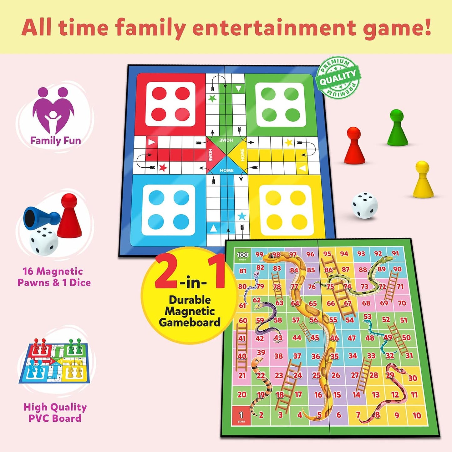 Ludo Game for Kids | 2-in-1 Magentic Snakes & Ladders and Ludo Board | 14”x14” Foldable Big Family Game for Kids & Adults | Travel-Friendly Dice Board Game