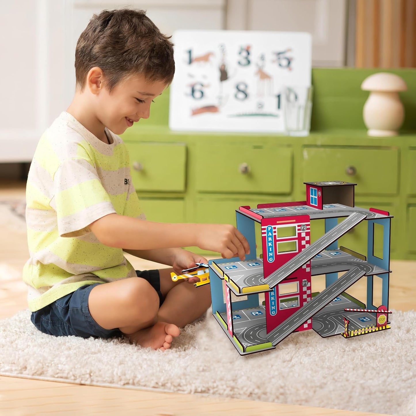 Webby Multilevel Parking Garage Playset with 3 Pullback Metal Cars, Parking Gate, Sign Boards and Helicopter for Boys and Girls