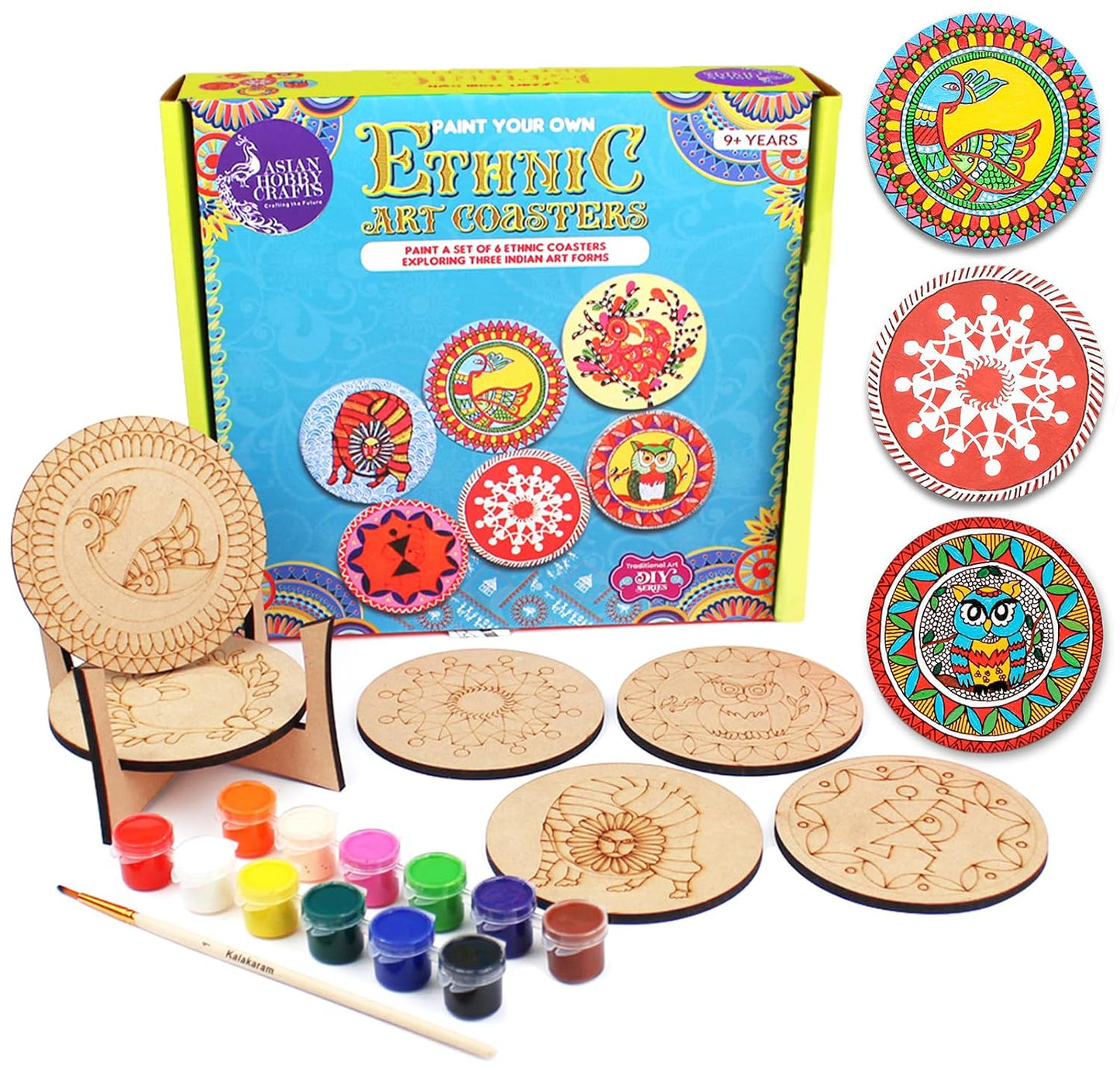 Asian Hobby Crafts DIY Ethnic Coaster Painting Kit – 6 Pre-Marked Coasters, Paint & Brush | Warli, Madhubani, Gond, Indian Folk Art Kit for Kids & Adults (4-12) | Birthday Return Gift Craft Set