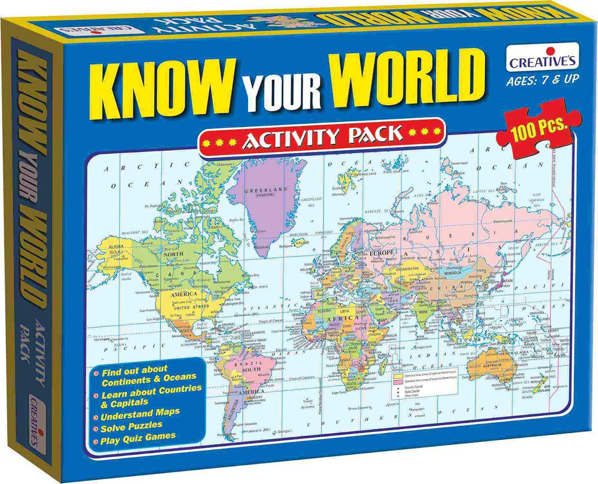 Creative's Know Your World Activity Pack, World Map 100 Piece Jigsaw Puzzles, Countries, Capitals, Continents & Oceans Learning Game, Educational Geography Quiz Games, for Kids Age 7+