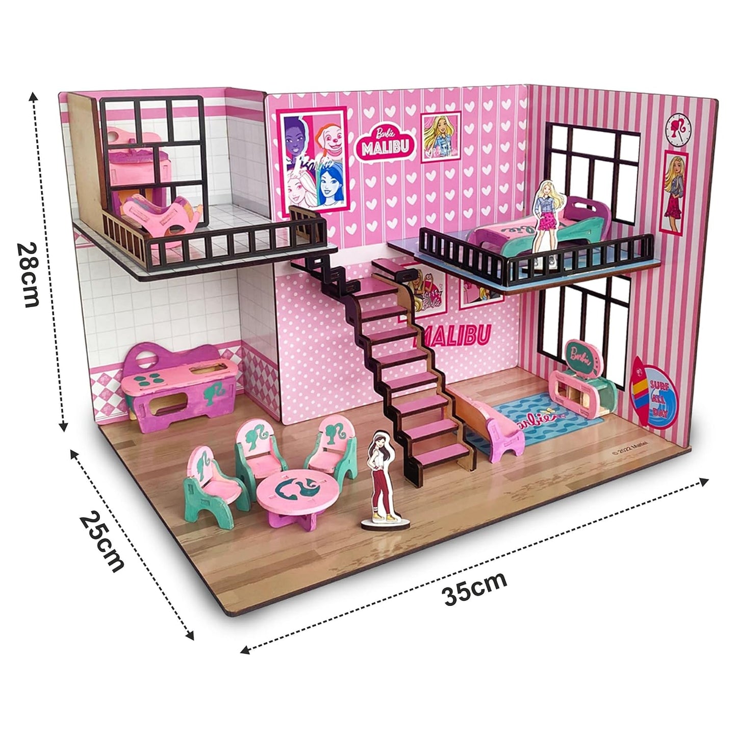 Barbie Malibu Doll House for Girls and Boys, DIY Paint Wooden Doll House Toy with Furniture for Kids