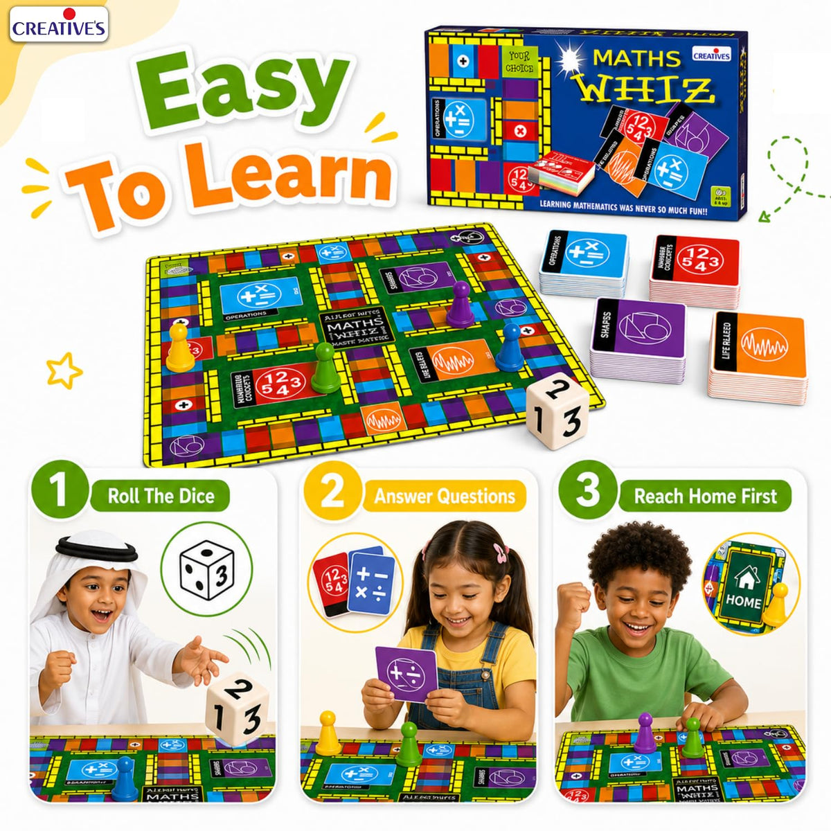 Creative's Maths Whiz Maths Board Game, 120 Q&A Cards, 4 Categories Number Concepts Operations Geometry Life Related Maths, 16 Home Cards 4 Pawns Dice, Educational Toys for Kids Ages 6+