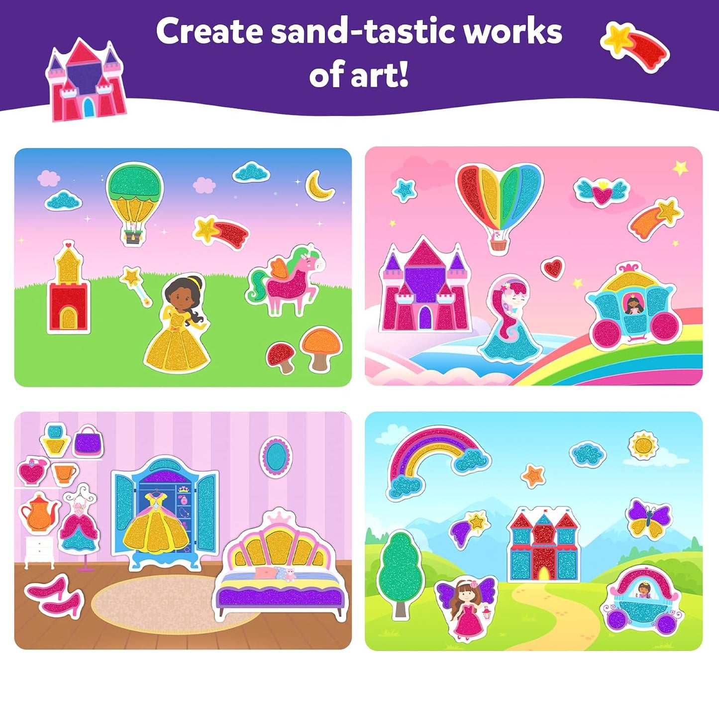 Skillmatics Sand Art – Mess-Controlled Unicorn & Princess Craft Activity | DIY Kit with 50+ Colourful Stickers, Creative Arts for Kids, Fun Hands-On Activity, Gifts for Ages 4, 5, 6, 7, 8, 9, 10