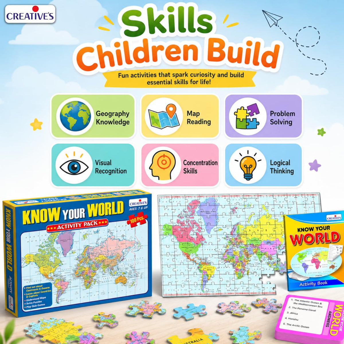 Creative's Know Your World Activity Pack, World Map 100 Piece Jigsaw Puzzles, Countries, Capitals, Continents & Oceans Learning Game, Educational Geography Quiz Games, for Kids Age 7+