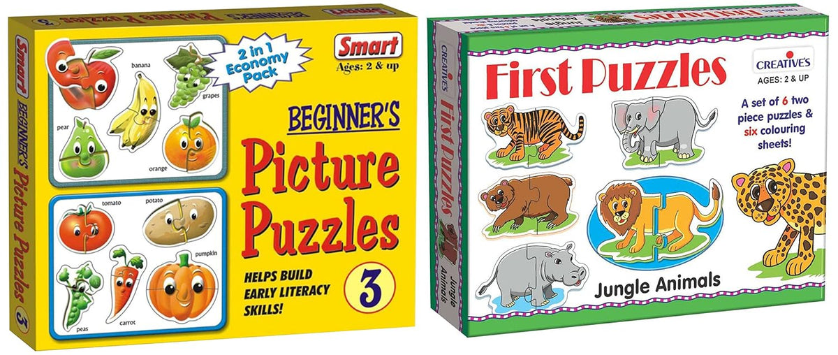 Creative's First Puzzles - Jungle Animals (6 Pieces,Multi-Colour)&Smart Fruits and Vegetables Puzzle, 4 Set of Picture Puzzles with 2 Board,for Kid