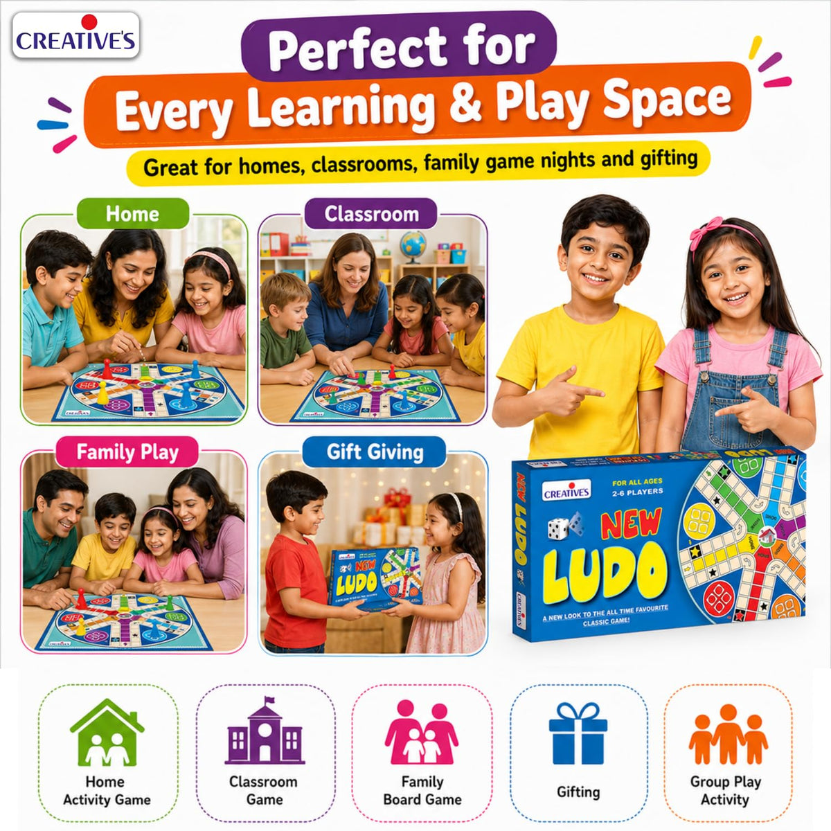 Creative's New Ludo, Board Game for Kids & Adults, Classic Family Board Game, Indoor Multiplayer Strategy, 2-6 Players, Educational Game for Family Game Night, Travel, Parties & Gatherings Ages 3+