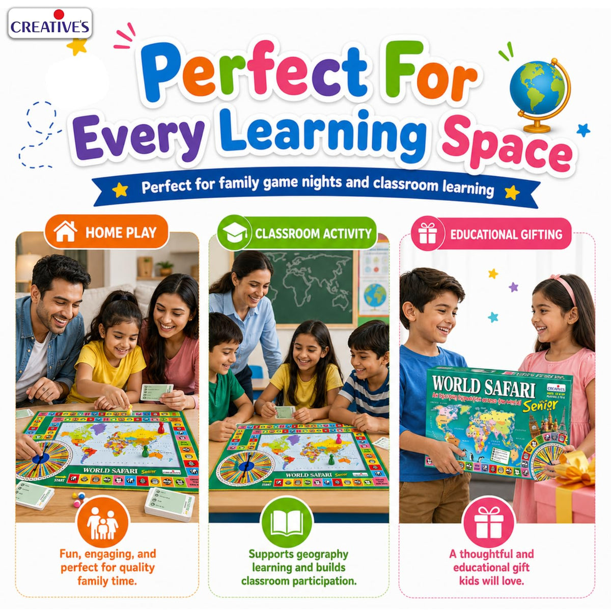 Creative's World Safari Senior| World Geography Learning Game for Kids & Adults| Educational Board Games with World Map, Learn about Countries, Capitals, Continents, GK Quiz, Ages 10+, 2-6 Players