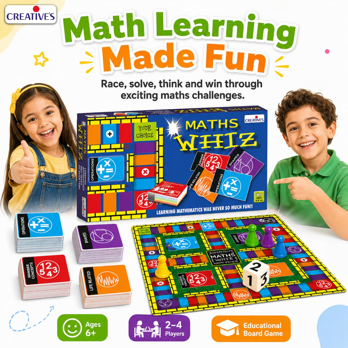 Creative's Maths Whiz Maths Board Game, 120 Q&A Cards, 4 Categories Number Concepts Operations Geometry Life Related Maths, 16 Home Cards 4 Pawns Dice, Educational Toys for Kids Ages 6+