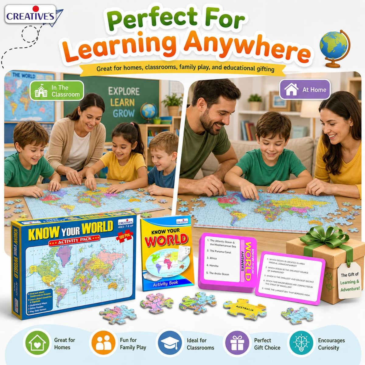 Creative's Know Your World Activity Pack, World Map 100 Piece Jigsaw Puzzles, Countries, Capitals, Continents & Oceans Learning Game, Educational Geography Quiz Games, for Kids Age 7+