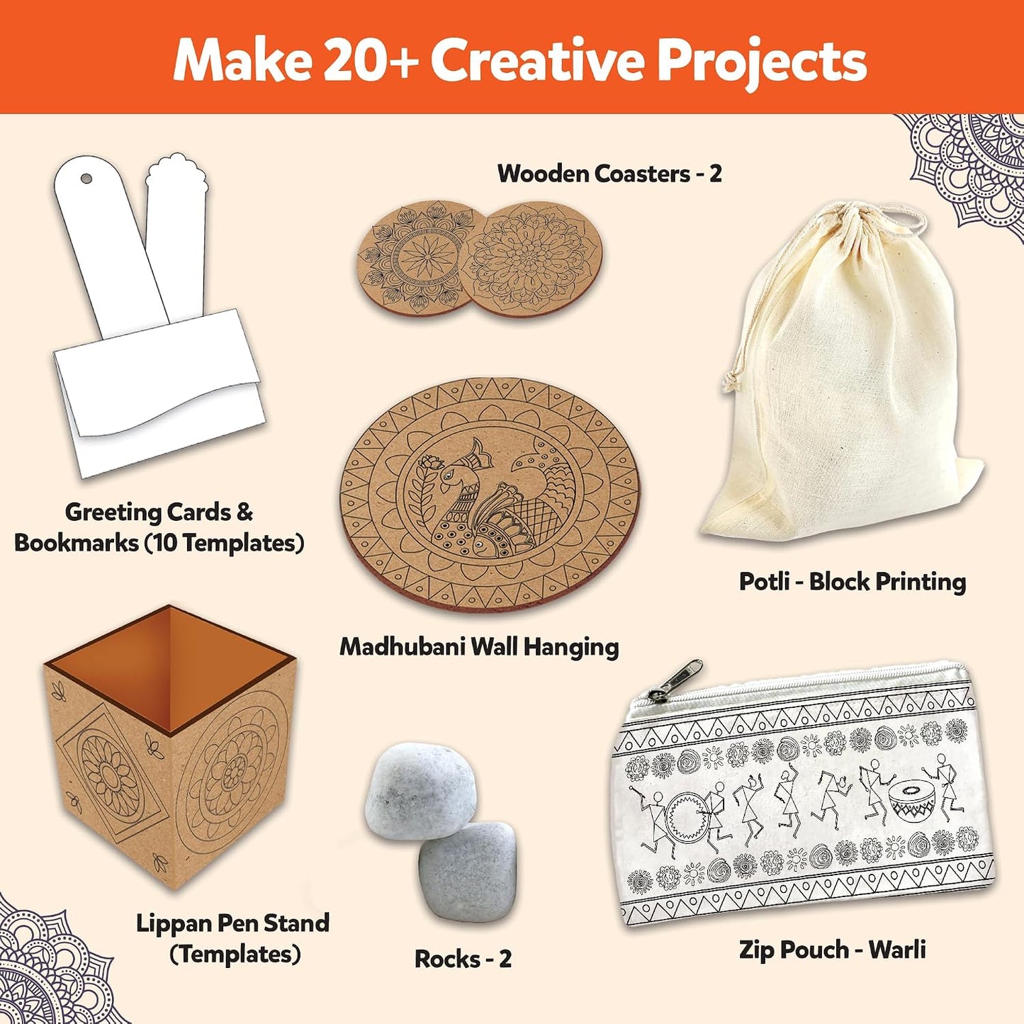 Little Berry Indian Art Forms Kits | Paper, Wood Ultimate 6 in 1 DIY Art & Craft Kit for Kids | Create 20+ Projects | Learn Lippan, Warli, Block Printing, Mandala & Madhubani Painting Kit | DIY Toys