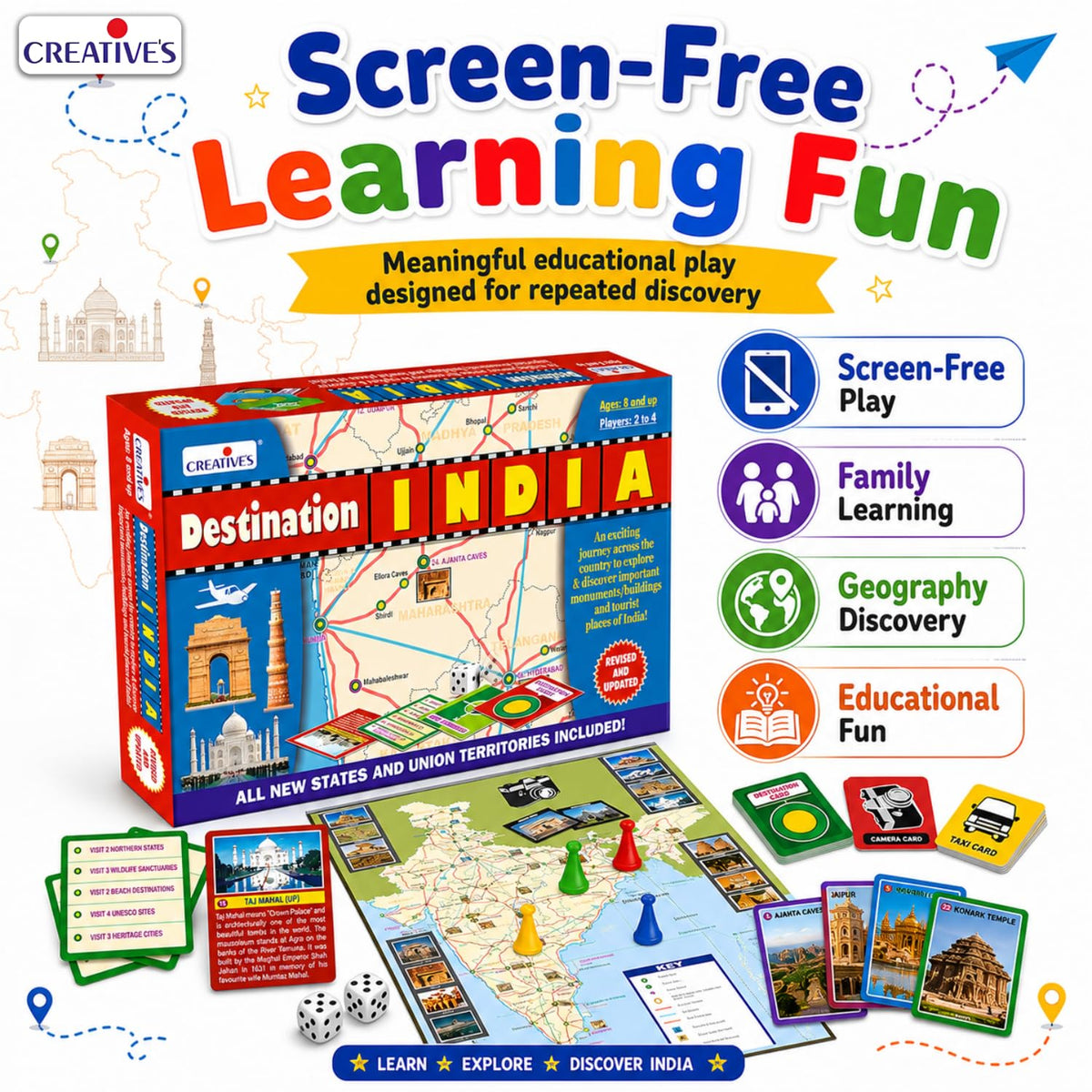 Creative's Destination India, Educational Board Games for Kids, India Geography, Monuments & Tourist Places Learning Game, Strategy Family Board Game with Destination Cards, 2-4 Players Ages 8+