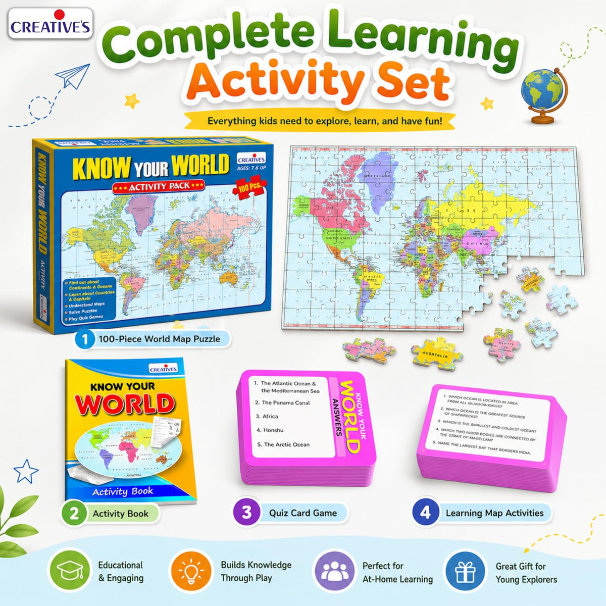 Creative's Know Your World Activity Pack, World Map 100 Piece Jigsaw Puzzles, Countries, Capitals, Continents & Oceans Learning Game, Educational Geography Quiz Games, for Kids Age 7+