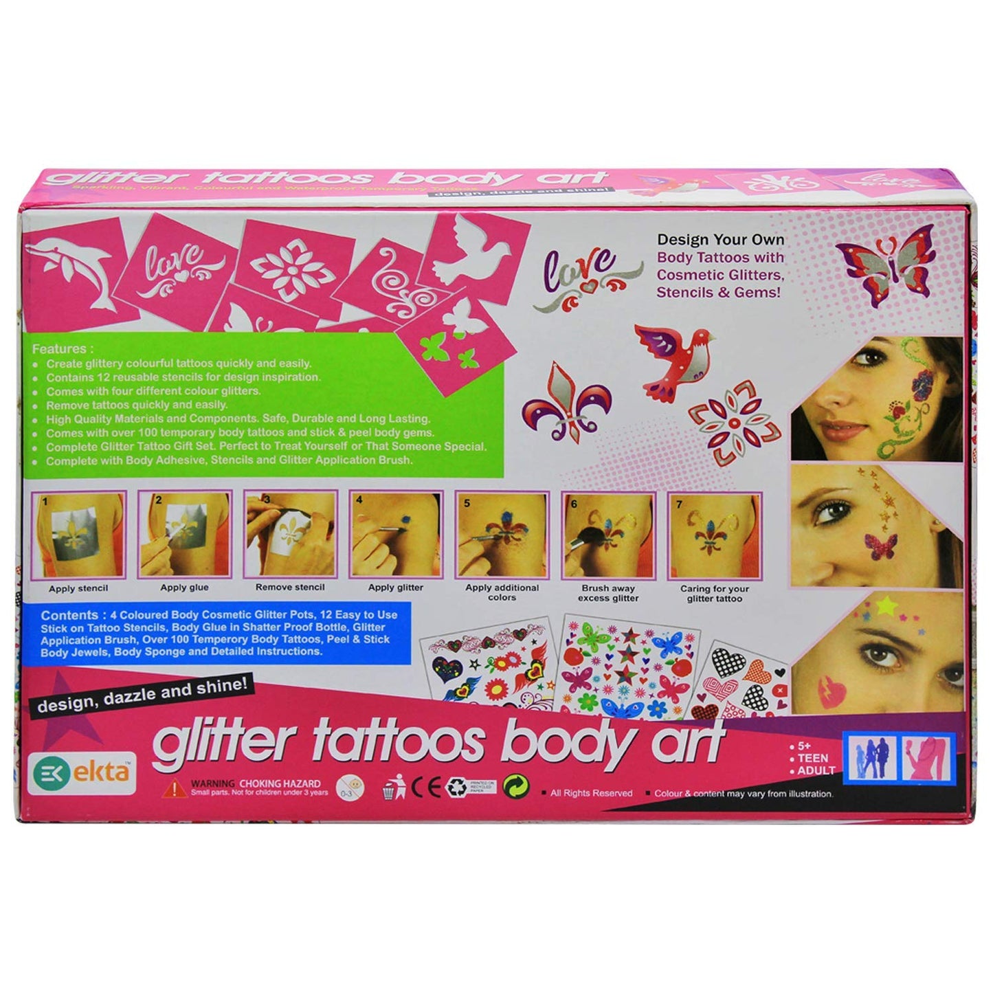 litter Tattoos Body Art Kit, with 100 Temporary Tattoos, Stencils, Cosmetic Glitter Pots, Body Jewels, for Teens and Adults