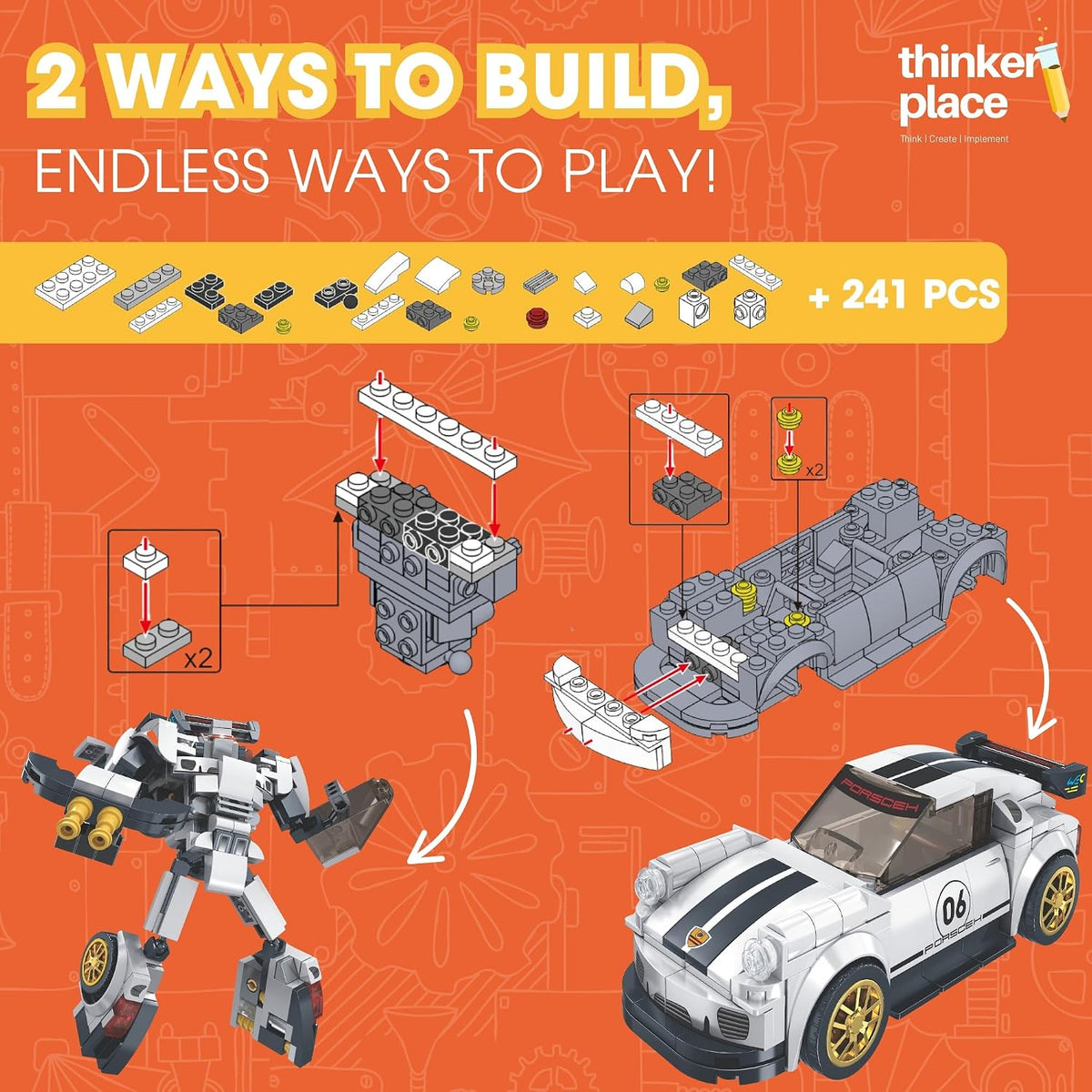 Premium Pearl White 2-in-1 Robot & Sports Car (241 Pieces) | Learn About Machines | Building Block Set for Kids Age 6+ | STEM Educational Toy | Build, Play & Learn