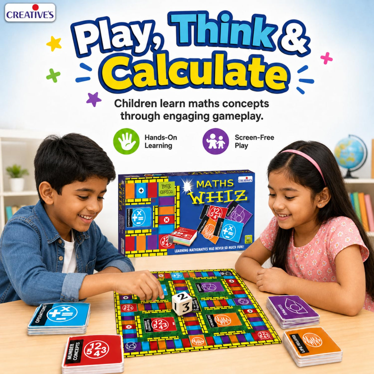 Creative's Maths Whiz Maths Board Game, 120 Q&A Cards, 4 Categories Number Concepts Operations Geometry Life Related Maths, 16 Home Cards 4 Pawns Dice, Educational Toys for Kids Ages 6+