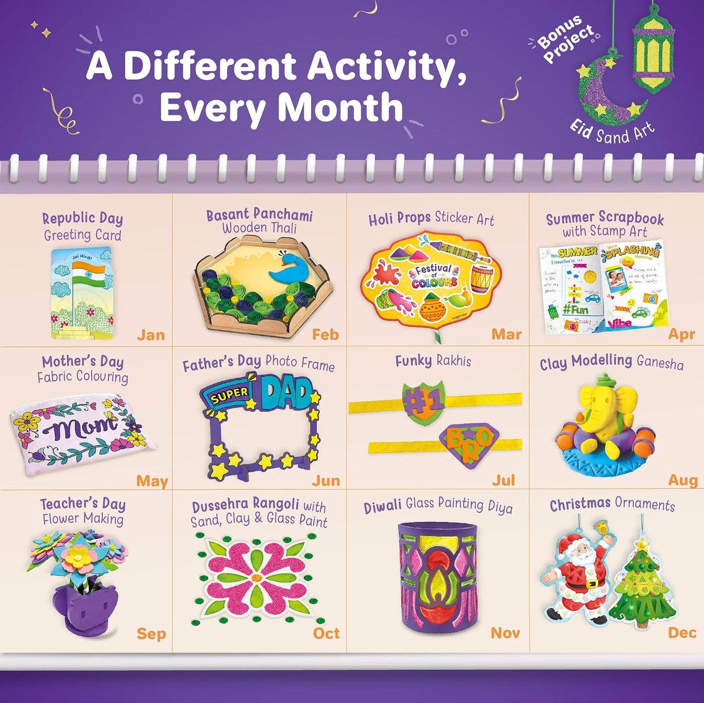 Imagimake Celebration Kit | 13 Craft Projects |Art & Craft Kit |Kids Age 5+ | 13 festival craft projects, one a month—Holi, Rakhi, Diwali & more; 500+ supplies across 8 craft skills; mess-free