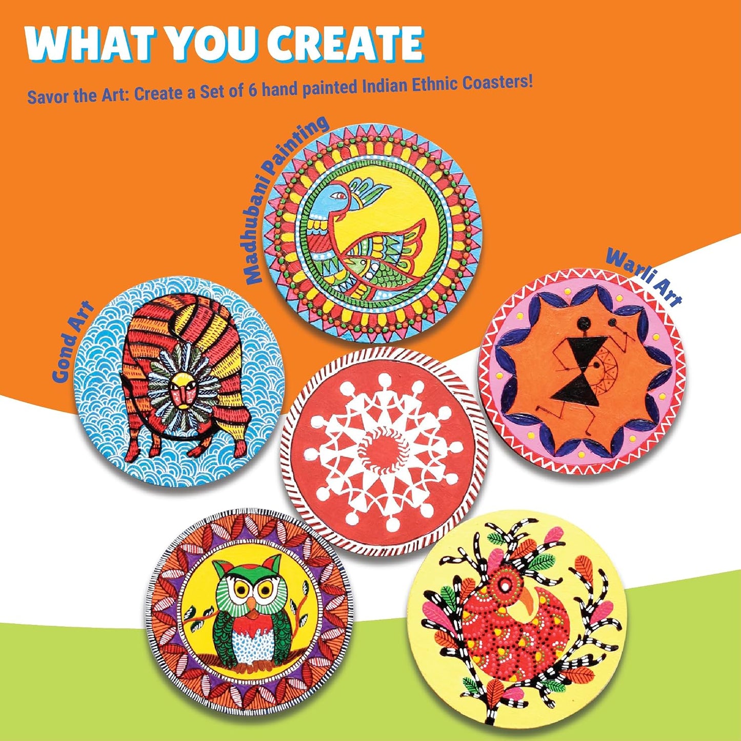 Asian Hobby Crafts DIY Ethnic Coaster Painting Kit – 6 Pre-Marked Coasters, Paint & Brush | Warli, Madhubani, Gond, Indian Folk Art Kit for Kids & Adults (4-12) | Birthday Return Gift Craft Set