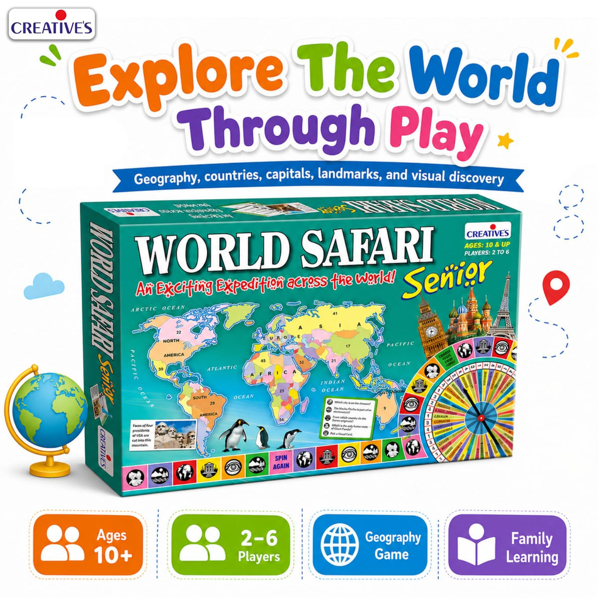 Creative's World Safari Senior| World Geography Learning Game for Kids & Adults| Educational Board Games with World Map, Learn about Countries, Capitals, Continents, GK Quiz, Ages 10+, 2-6 Players