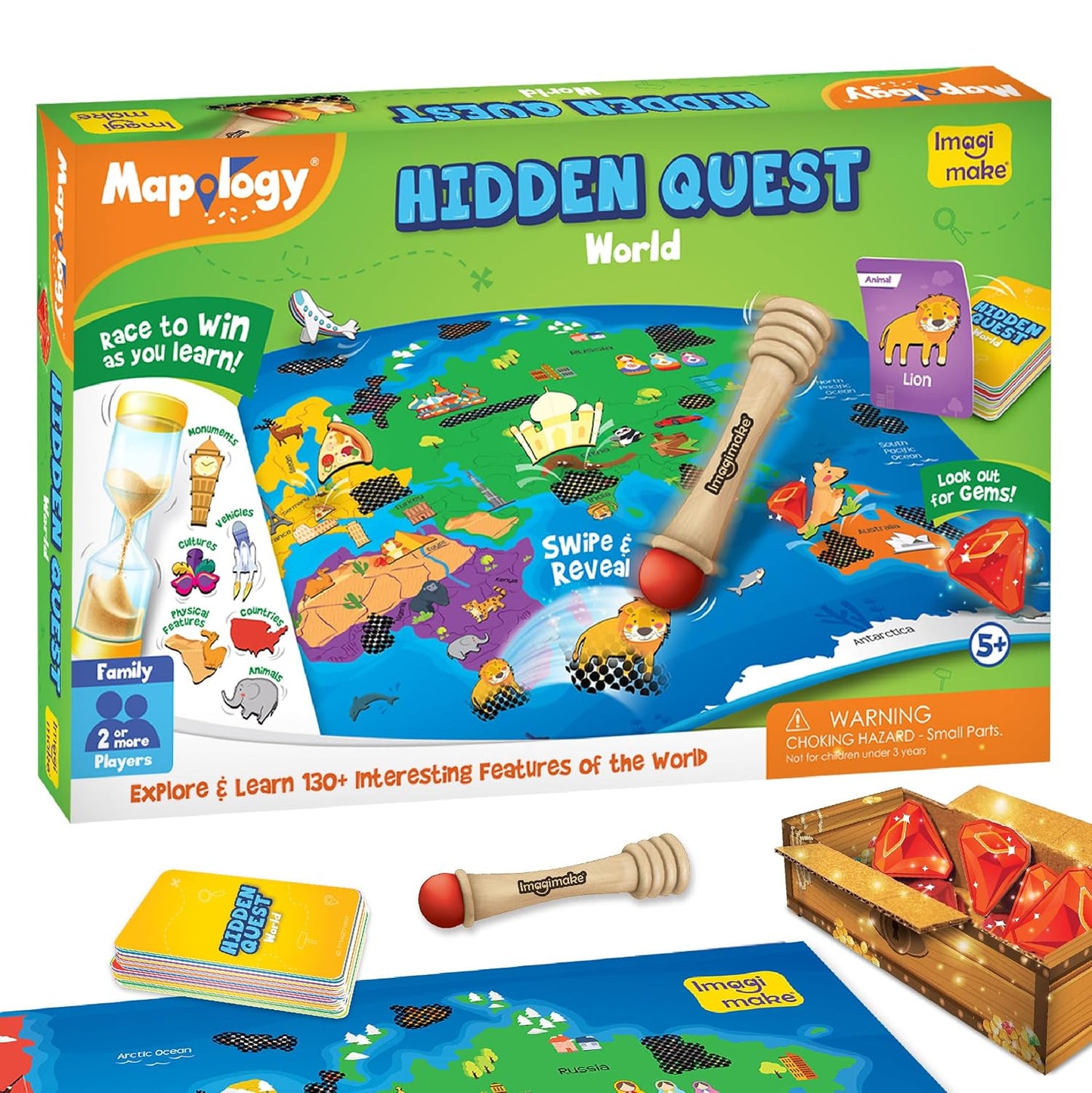 Imagimake Mapology Hidden Quest World Map | Educational Game Age 5+ | World map board game: 110 cards, 40+ swipe & reveal magic patches, super swiper, timer & gems; learn 130+ world features