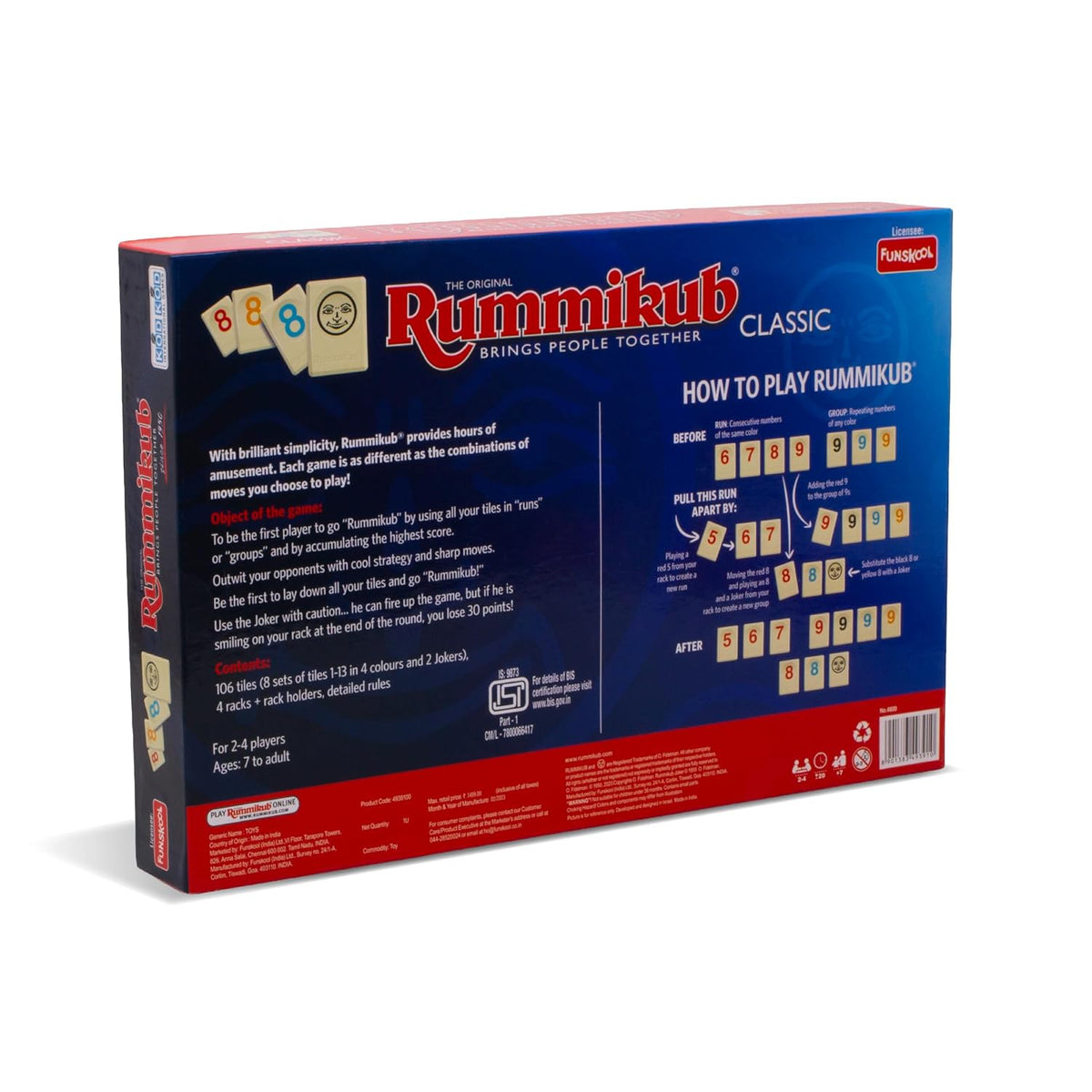 Funskool Original Rummikub Number, Classic Tile Game for Kids, 2-4 Players, Educational, Fun & Engaging, Perfect for Family Game Nights, Fast-Paced and Easy to Learn, Gift Set for Kids, Ages 7+ Years