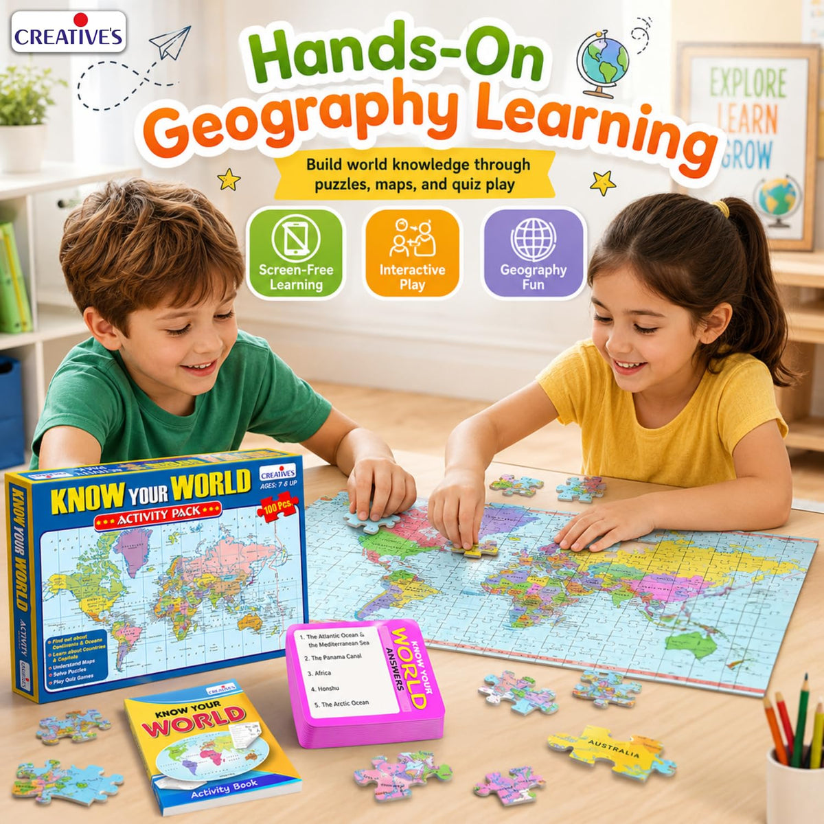 Creative's Know Your World Activity Pack, World Map 100 Piece Jigsaw Puzzles, Countries, Capitals, Continents & Oceans Learning Game, Educational Geography Quiz Games, for Kids Age 7+