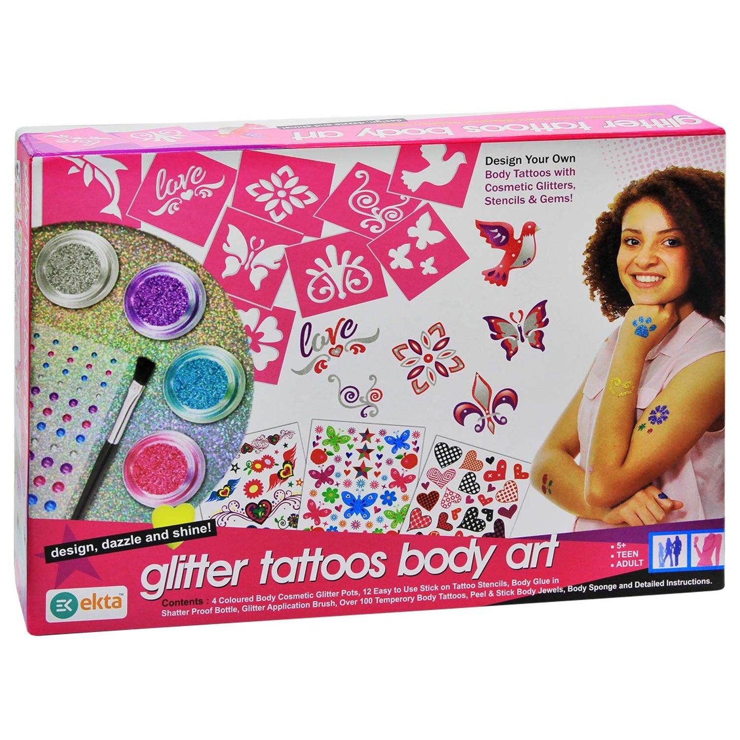 litter Tattoos Body Art Kit, with 100 Temporary Tattoos, Stencils, Cosmetic Glitter Pots, Body Jewels, for Teens and Adults