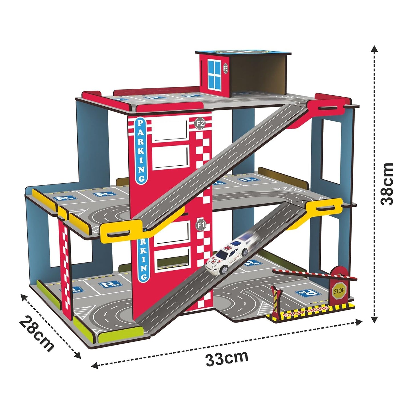 Webby Multilevel Parking Garage Playset with 3 Pullback Metal Cars, Parking Gate, Sign Boards and Helicopter for Boys and Girls