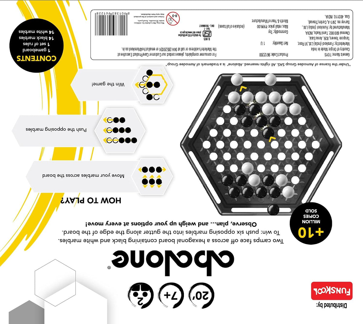 Funskool Abalone, Strategy Game, Board Game for Kids, Adults, Educational, 2 Players, 24 Black & White Marbles, Family Fun, Learning Activity Toy for Childrens, Gift Set for Kid, Ages 7+ Years