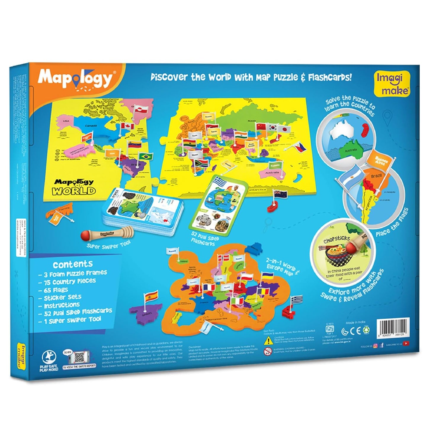 Imagimake Mapology World Flash Cards | Educational Toy Age 7+ | EVA foam World puzzle: 75 country pieces, 65 flags & stickers, 52 swipe & reveal cards & super swiper; master 200+ facts
