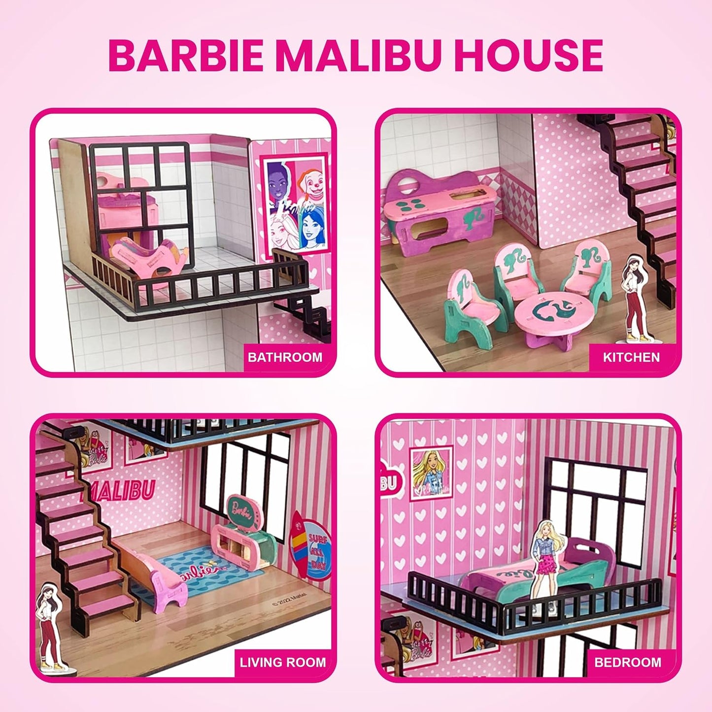 Barbie Malibu Doll House for Girls and Boys, DIY Paint Wooden Doll House Toy with Furniture for Kids