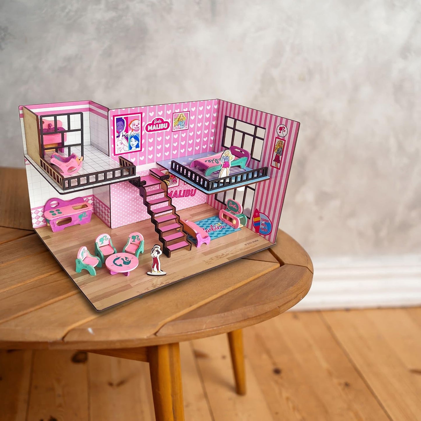 Barbie Malibu Doll House for Girls and Boys, DIY Paint Wooden Doll House Toy with Furniture for Kids