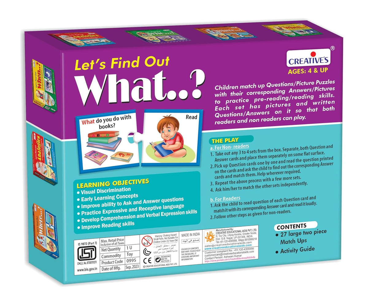Creative's Wh Questions Series - Let's Find Out - What? | 27 Self-Correcting Question & Answer Match-Up Puzzles | Early Reading, Vocabulary & Language Development Educational Toy for Kids Age 4+